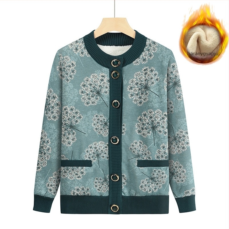 Női kötött kardigán fleece béléssel, vastagított kivitel, mintázott, kerek nyakú, laza szabású