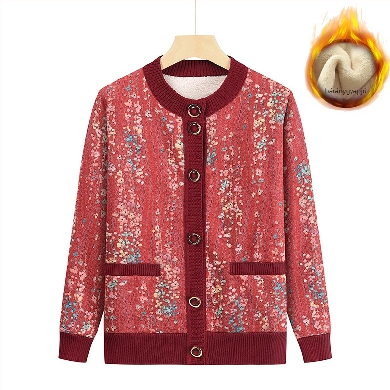 Női kötött kardigán fleece béléssel, vastagított kivitel, mintázott, kerek nyakú, laza szabású
