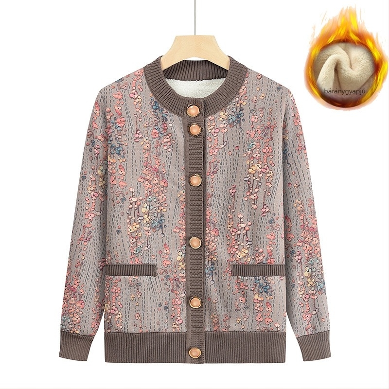 Női kötött kardigán fleece béléssel, vastagított kivitel, mintázott, kerek nyakú, laza szabású