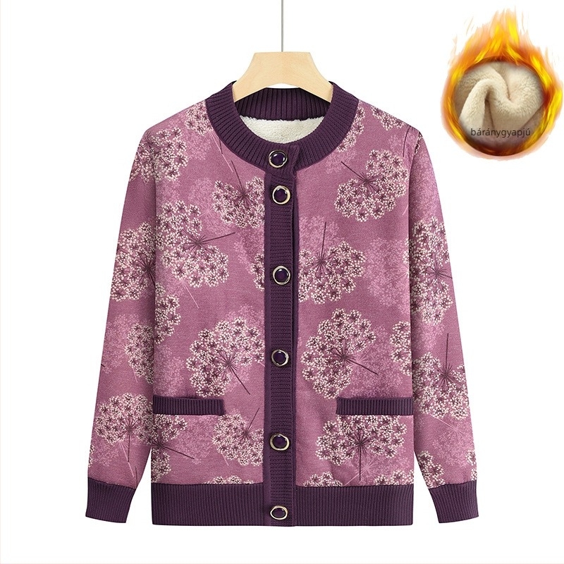 Női kötött kardigán fleece béléssel, vastagított kivitel, mintázott, kerek nyakú, laza szabású