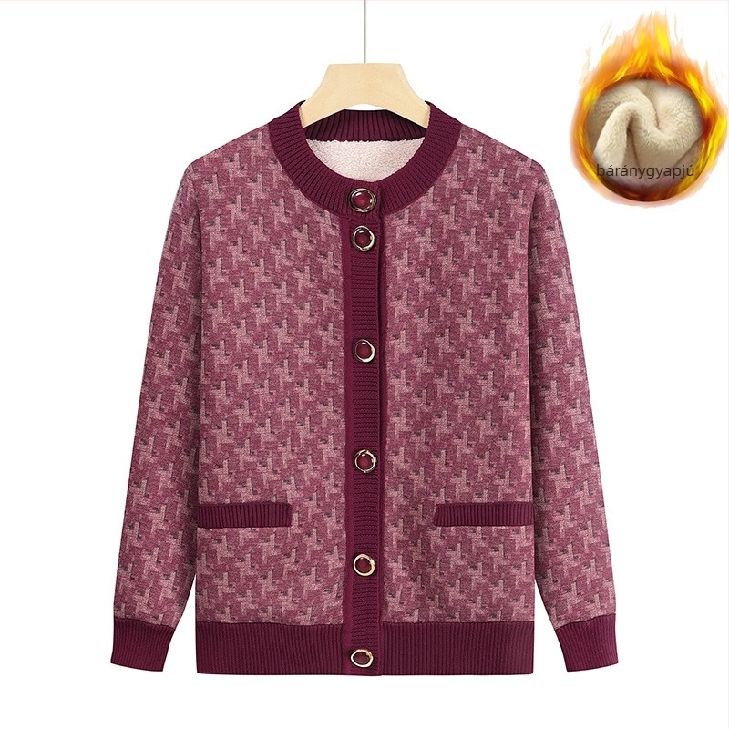 Női kötött kardigán fleece béléssel, vastagított kivitel, mintázott, kerek nyakú, laza szabású