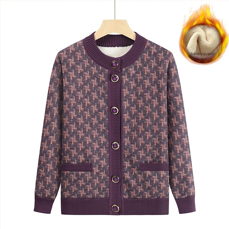 Női kötött kardigán fleece béléssel, vastagított kivitel, mintázott, kerek nyakú, laza szabású
