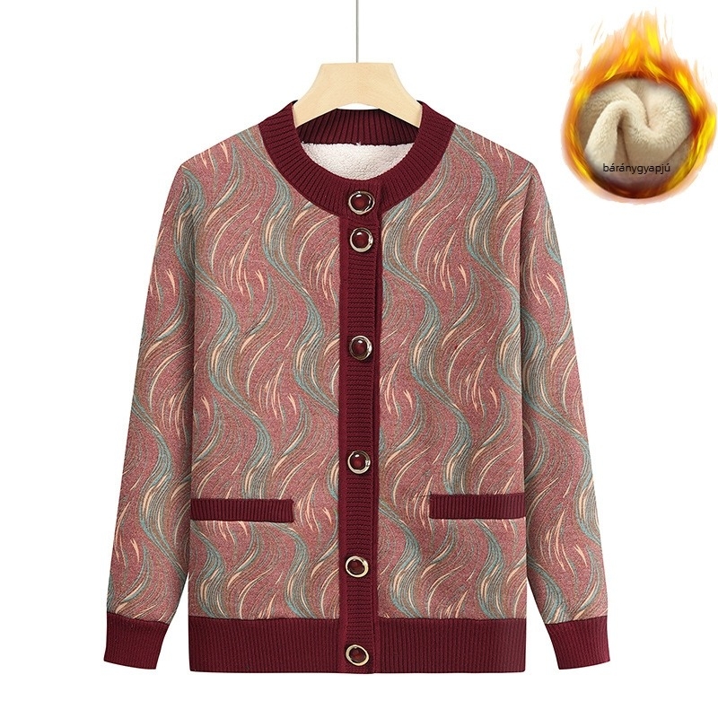 Női kötött kardigán fleece béléssel, vastagított kivitel, mintázott, kerek nyakú, laza szabású