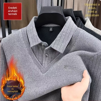 Férfi fleece-béléssel vastag téli kötött pulóver galléros kivitelben