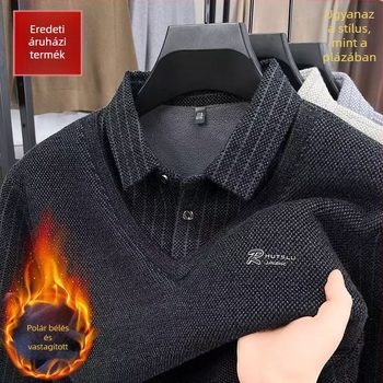 Férfi fleece-béléssel vastag téli kötött pulóver galléros kivitelben
