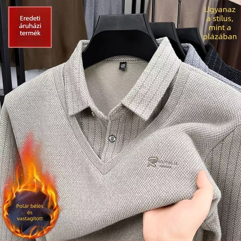 Férfi fleece-béléssel vastag téli kötött pulóver galléros kivitelben