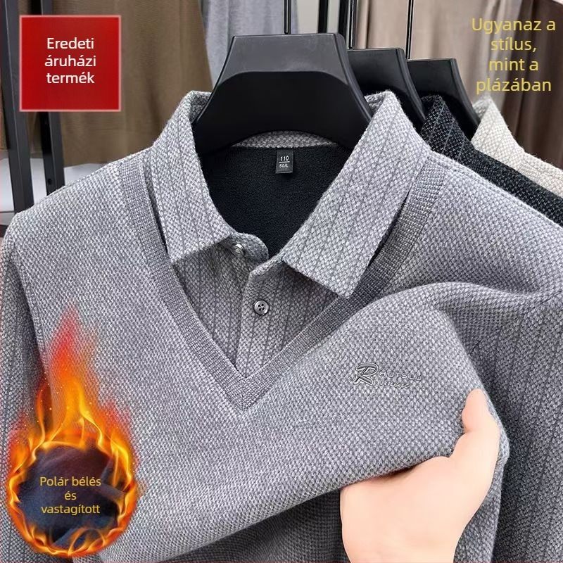 Férfi fleece-béléssel vastag téli kötött pulóver galléros kivitelben