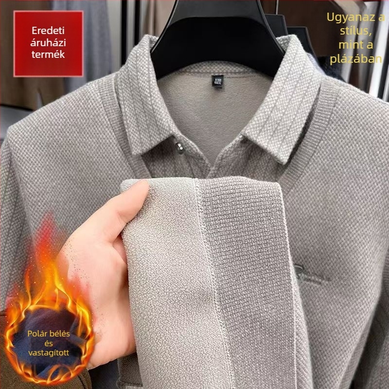 Férfi fleece-béléssel vastag téli kötött pulóver galléros kivitelben