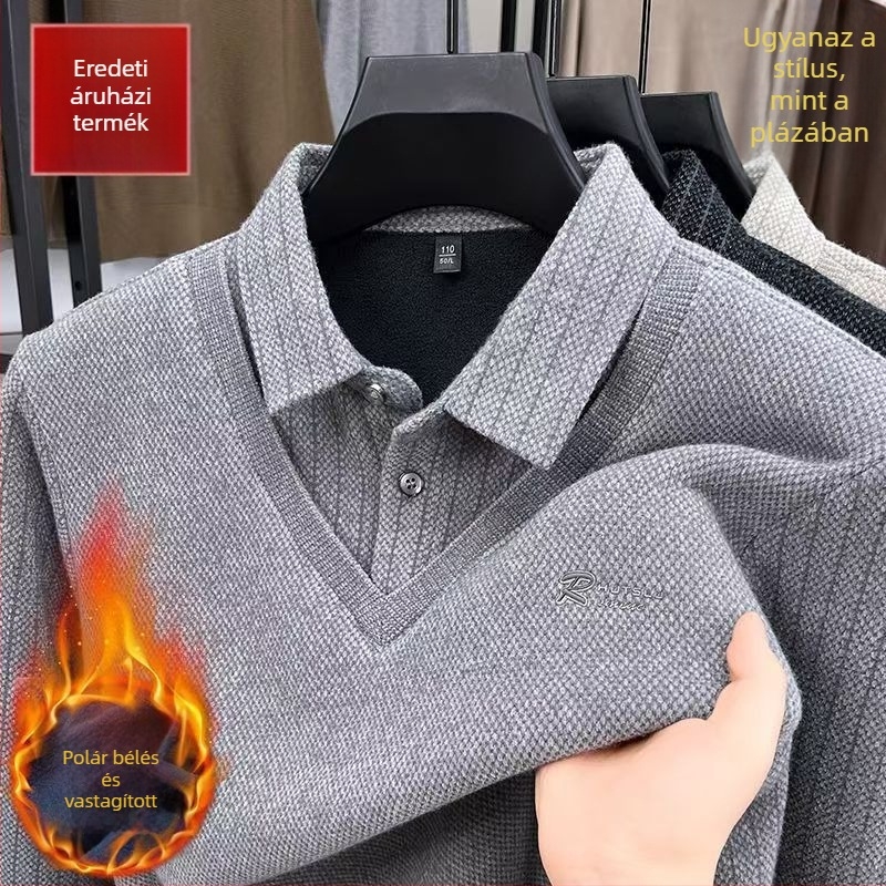 Férfi fleece-béléssel vastag téli kötött pulóver galléros kivitelben