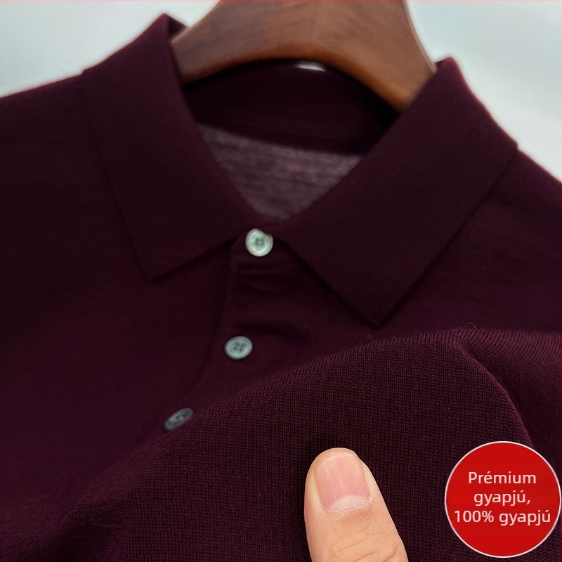 Férfi vékony 100% worsted gyapjú polo pulóver, hosszú ujjú, galléros