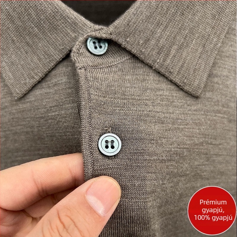 Férfi vékony 100% worsted gyapjú polo pulóver, hosszú ujjú, galléros