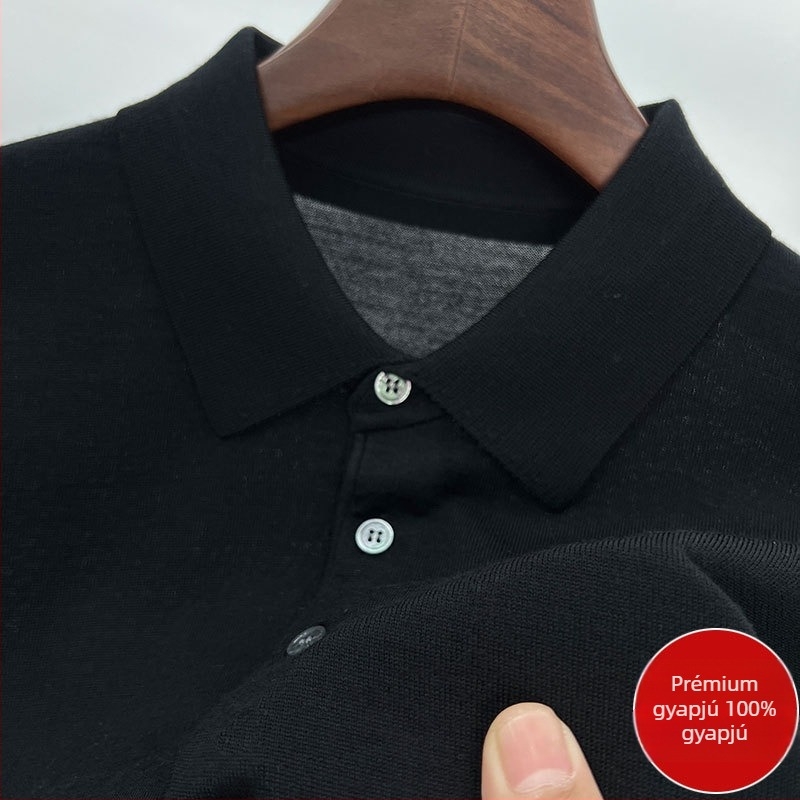 Férfi vékony 100% worsted gyapjú polo pulóver, hosszú ujjú, galléros