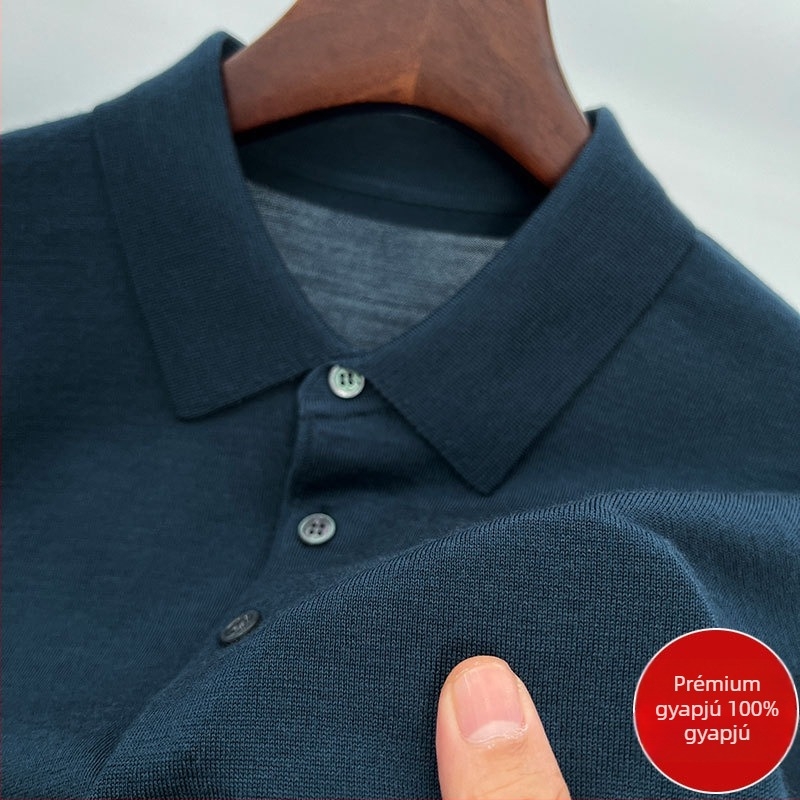 Férfi vékony 100% worsted gyapjú polo pulóver, hosszú ujjú, galléros