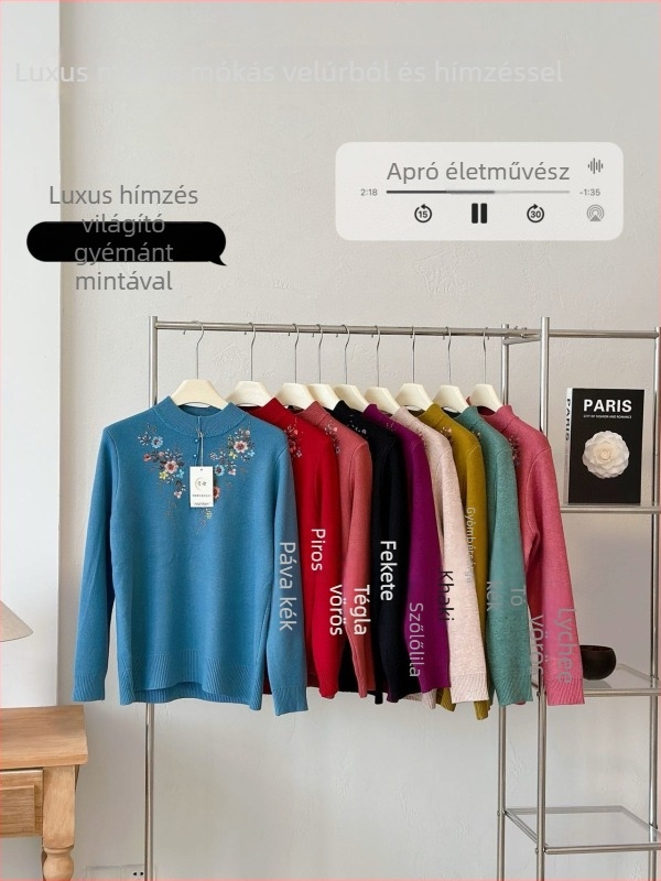 Női kötött felső hímzéssel, virágmintás, fél magas gallér, hosszú ujjú, poliészter-elasztán anyag