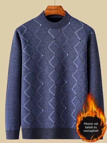 Férfi fleece-béléssel ellátott vastag kötött pulóver, kerek nyakú, hosszú ujjú, 100% poliészter