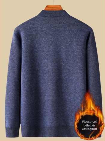 Férfi fleece-béléssel ellátott vastag kötött pulóver, kerek nyakú, hosszú ujjú, 100% poliészter