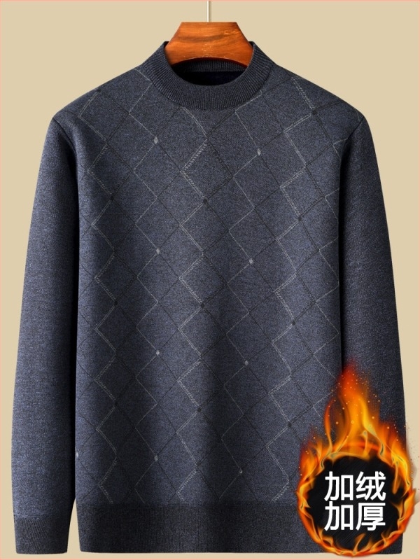 Férfi fleece-béléssel ellátott vastag kötött pulóver, kerek nyakú, hosszú ujjú, 100% poliészter