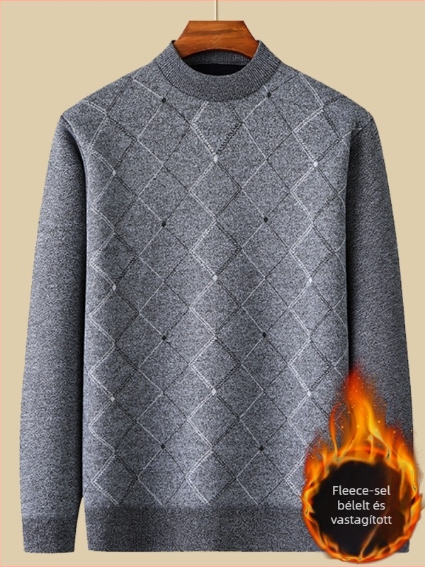 Férfi fleece-béléssel ellátott vastag kötött pulóver, kerek nyakú, hosszú ujjú, 100% poliészter
