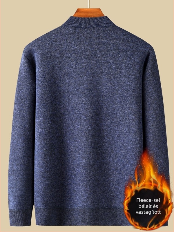 Férfi fleece-béléssel ellátott vastag kötött pulóver, kerek nyakú, hosszú ujjú, 100% poliészter
