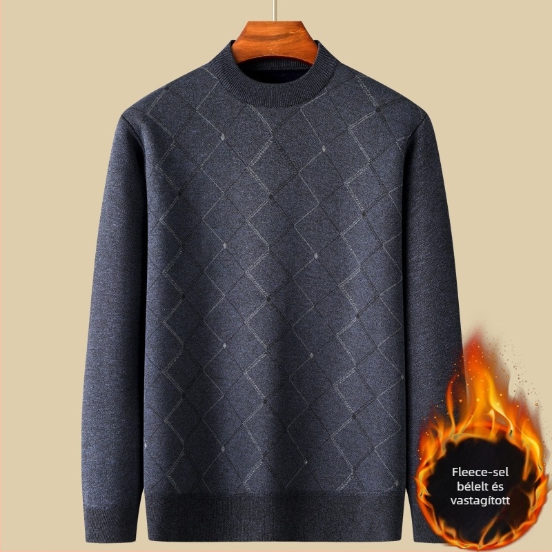 Férfi fleece-béléssel ellátott vastag kötött pulóver, kerek nyakú, hosszú ujjú, 100% poliészter