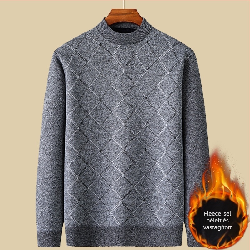 Férfi fleece-béléssel ellátott vastag kötött pulóver, kerek nyakú, hosszú ujjú, 100% poliészter