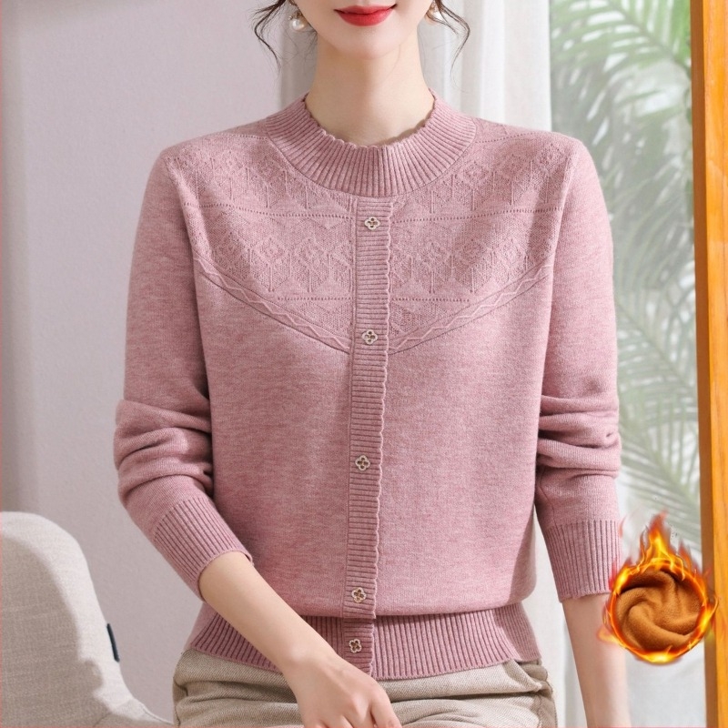 Fleece-lel bélelt vastag jacquard kötött felső nőknek, Fiber Velvet Yarn anyag, Nylon-Akril keverék, fél-magas gallér, hosszú ujjú