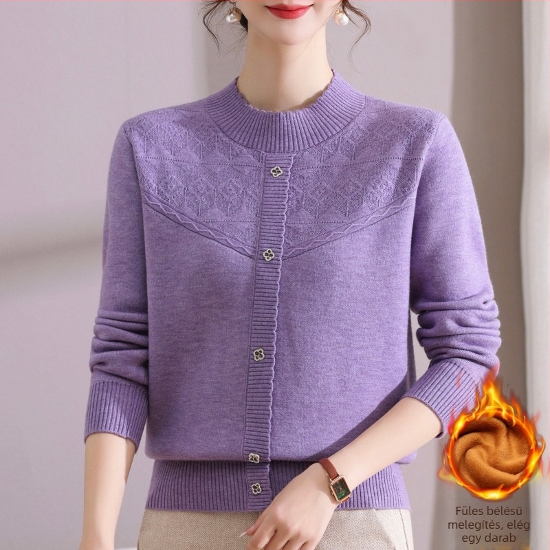 Fleece-lel bélelt vastag jacquard kötött felső nőknek, Fiber Velvet Yarn anyag, Nylon-Akril keverék, fél-magas gallér, hosszú ujjú