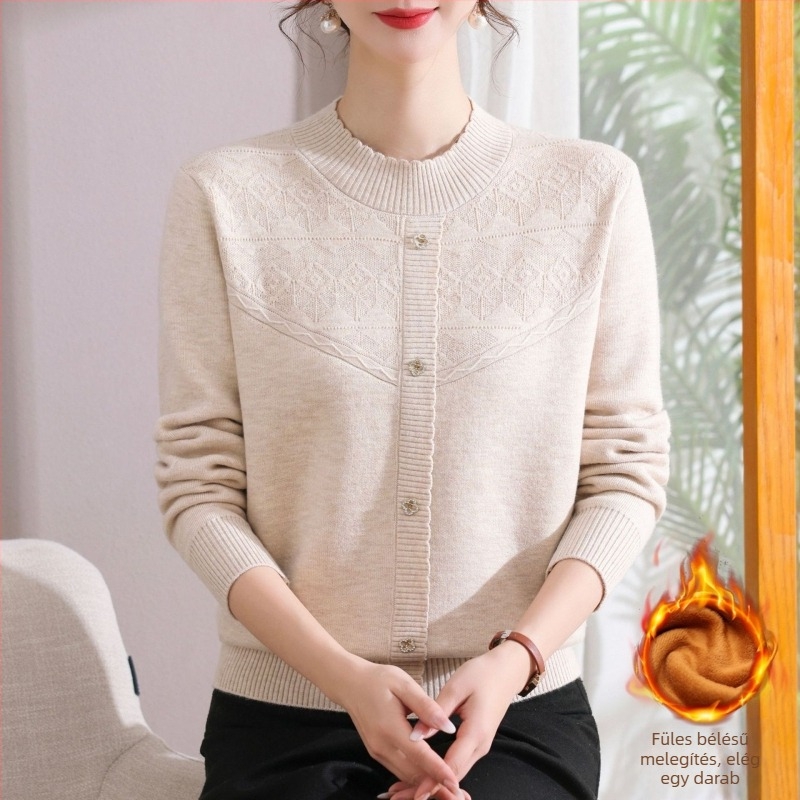 Fleece-lel bélelt vastag jacquard kötött felső nőknek, Fiber Velvet Yarn anyag, Nylon-Akril keverék, fél-magas gallér, hosszú ujjú