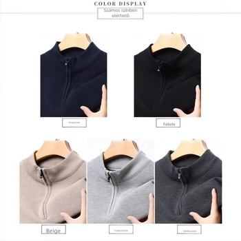 Férfi félcipzáras kötött pulóver fleece béléssel, jacquard mintázat, karcsú szabás, hosszú ujjú