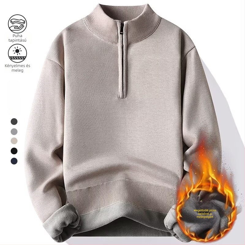Férfi félcipzáras kötött pulóver fleece béléssel, jacquard mintázat, karcsú szabás, hosszú ujjú