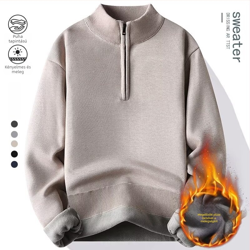 Férfi félcipzáras kötött pulóver fleece béléssel, jacquard mintázat, karcsú szabás, hosszú ujjú