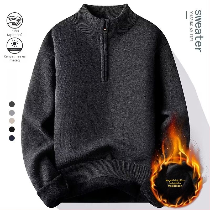 Férfi félcipzáras kötött pulóver fleece béléssel, jacquard mintázat, karcsú szabás, hosszú ujjú