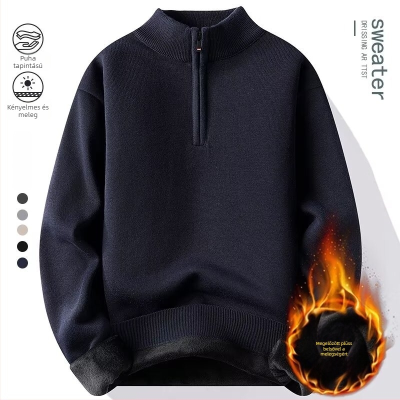Férfi félcipzáras kötött pulóver fleece béléssel, jacquard mintázat, karcsú szabás, hosszú ujjú