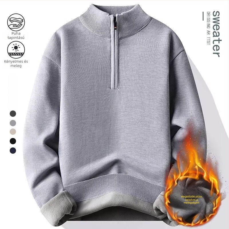 Férfi félcipzáras kötött pulóver fleece béléssel, jacquard mintázat, karcsú szabás, hosszú ujjú
