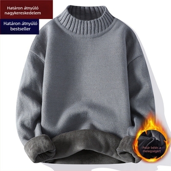 Férfiaknak szőtt pulóver fleece-béléssel, félmagas gallérral, őszi-téli 2025