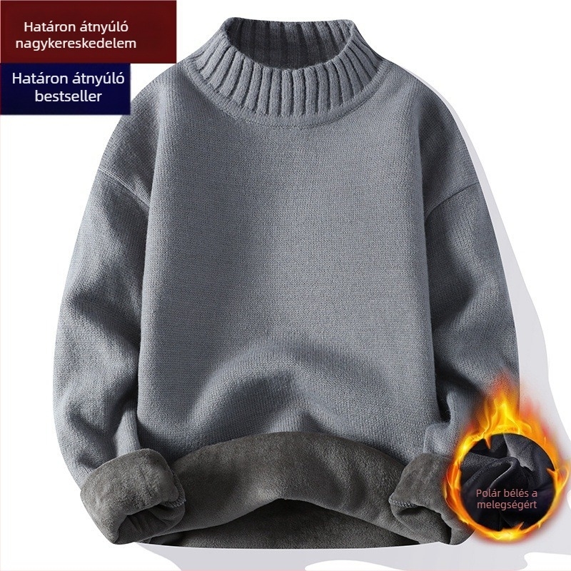 Férfiaknak szőtt pulóver fleece-béléssel, félmagas gallérral, őszi-téli 2025