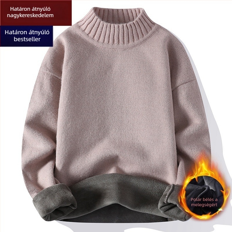 Férfiaknak szőtt pulóver fleece-béléssel, félmagas gallérral, őszi-téli 2025