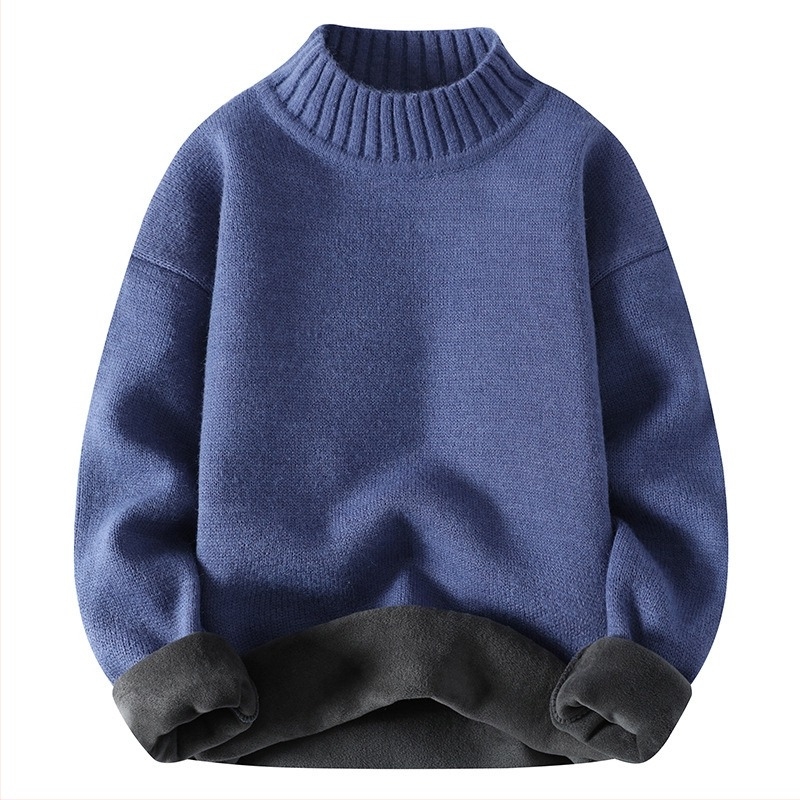 Férfiaknak szőtt pulóver fleece-béléssel, félmagas gallérral, őszi-téli 2025