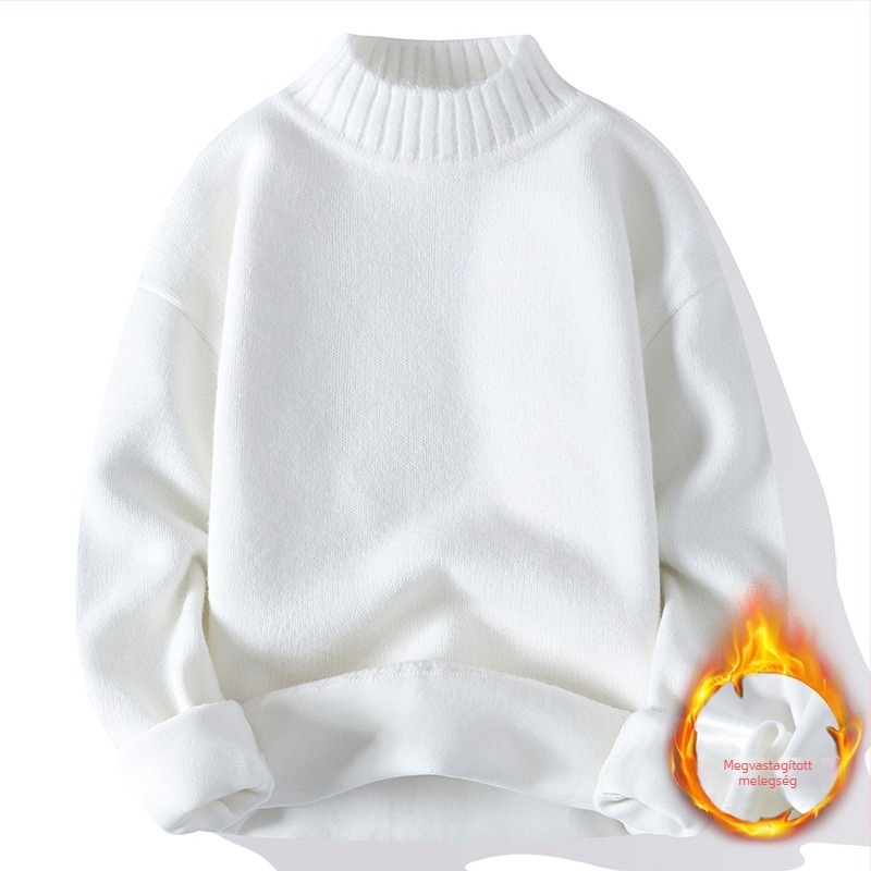 Férfiaknak szőtt pulóver fleece-béléssel, félmagas gallérral, őszi-téli 2025