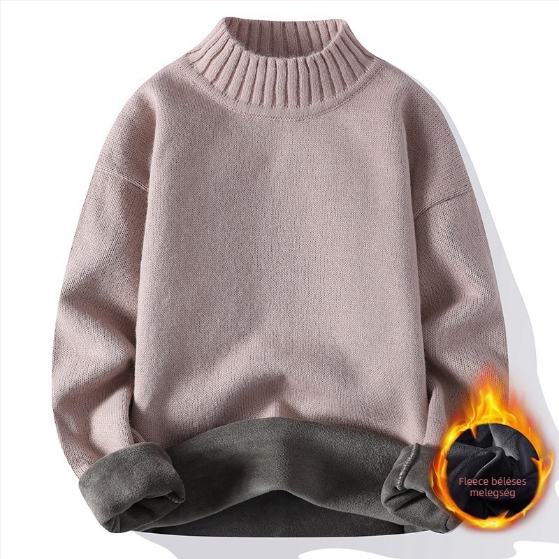 Férfiaknak szőtt pulóver fleece-béléssel, félmagas gallérral, őszi-téli 2025