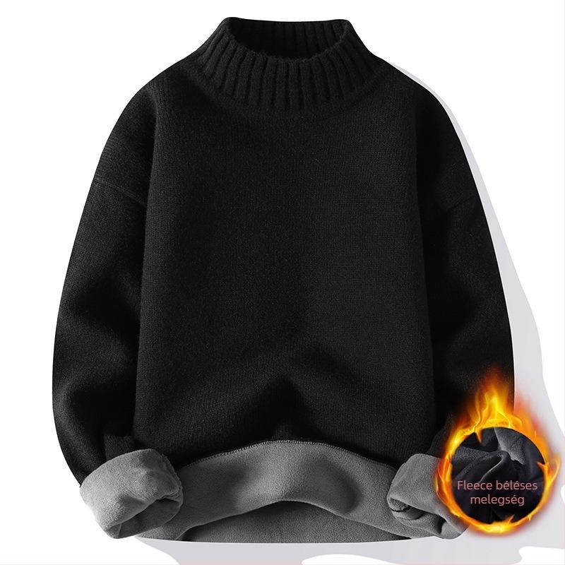 Férfiaknak szőtt pulóver fleece-béléssel, félmagas gallérral, őszi-téli 2025