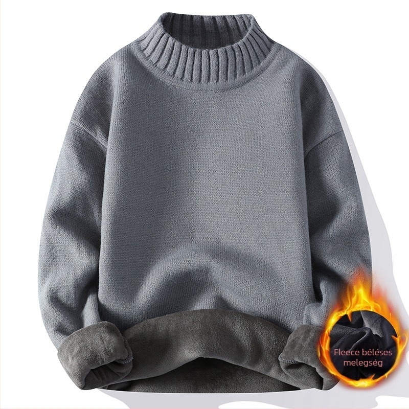 Férfiaknak szőtt pulóver fleece-béléssel, félmagas gallérral, őszi-téli 2025