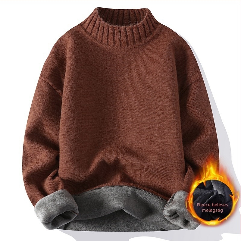 Férfiaknak szőtt pulóver fleece-béléssel, félmagas gallérral, őszi-téli 2025