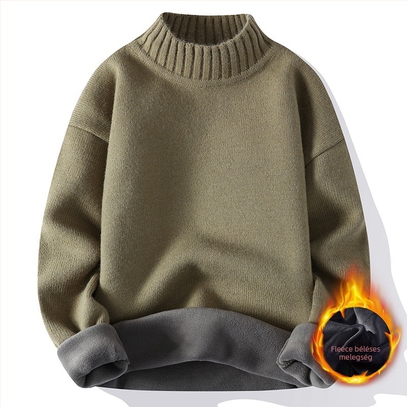Férfiaknak szőtt pulóver fleece-béléssel, félmagas gallérral, őszi-téli 2025