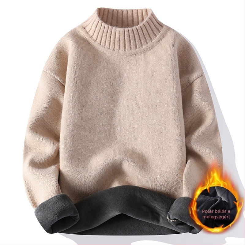 Férfiaknak szőtt pulóver fleece-béléssel, félmagas gallérral, őszi-téli 2025
