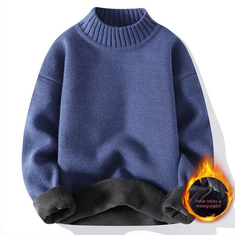 Férfiaknak szőtt pulóver fleece-béléssel, félmagas gallérral, őszi-téli 2025