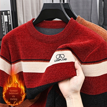 Férfi téli chenille pulóver kerek nyakkal, fleece-béléses jacquard kötés