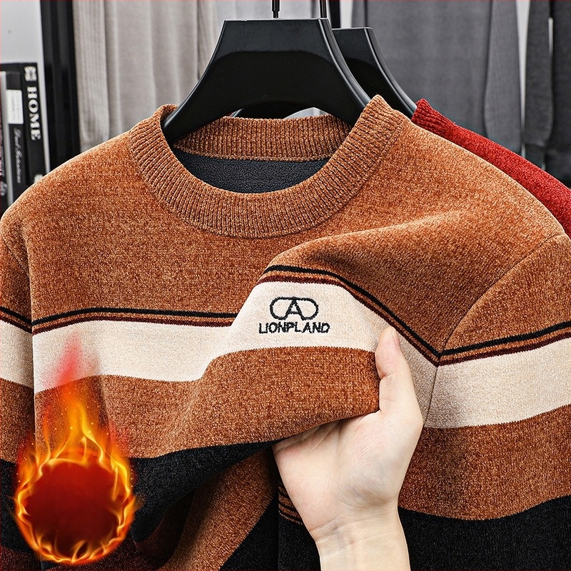 Férfi téli chenille pulóver kerek nyakkal, fleece-béléses jacquard kötés