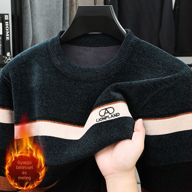 Férfi téli chenille pulóver kerek nyakkal, fleece-béléses jacquard kötés