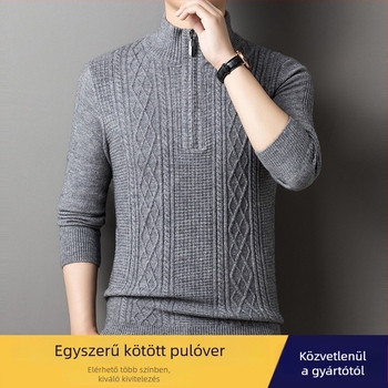 Férfi őszi félcipzáros vast kötött pulóver egyszínű